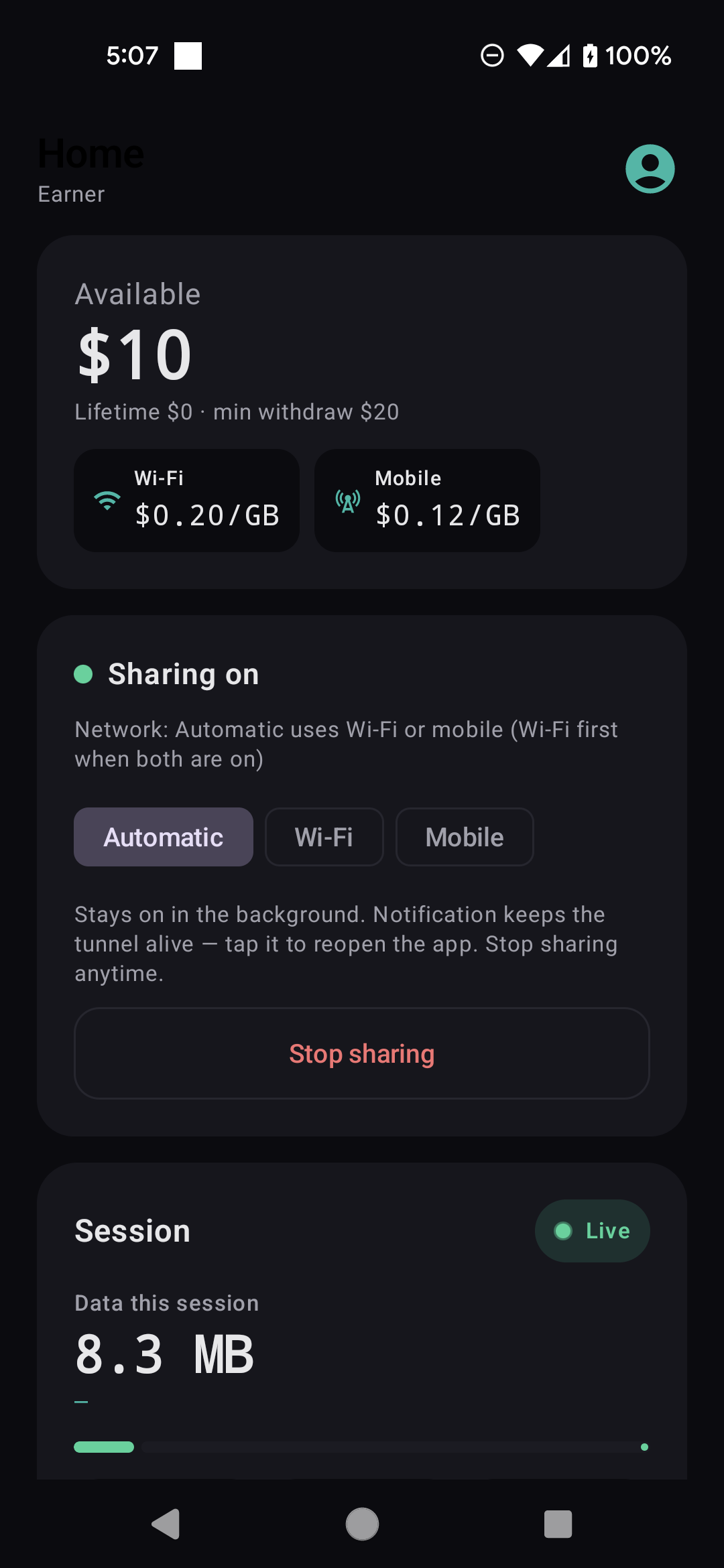 BusyProxy Android app on Pixel 4a — sharing on with live session